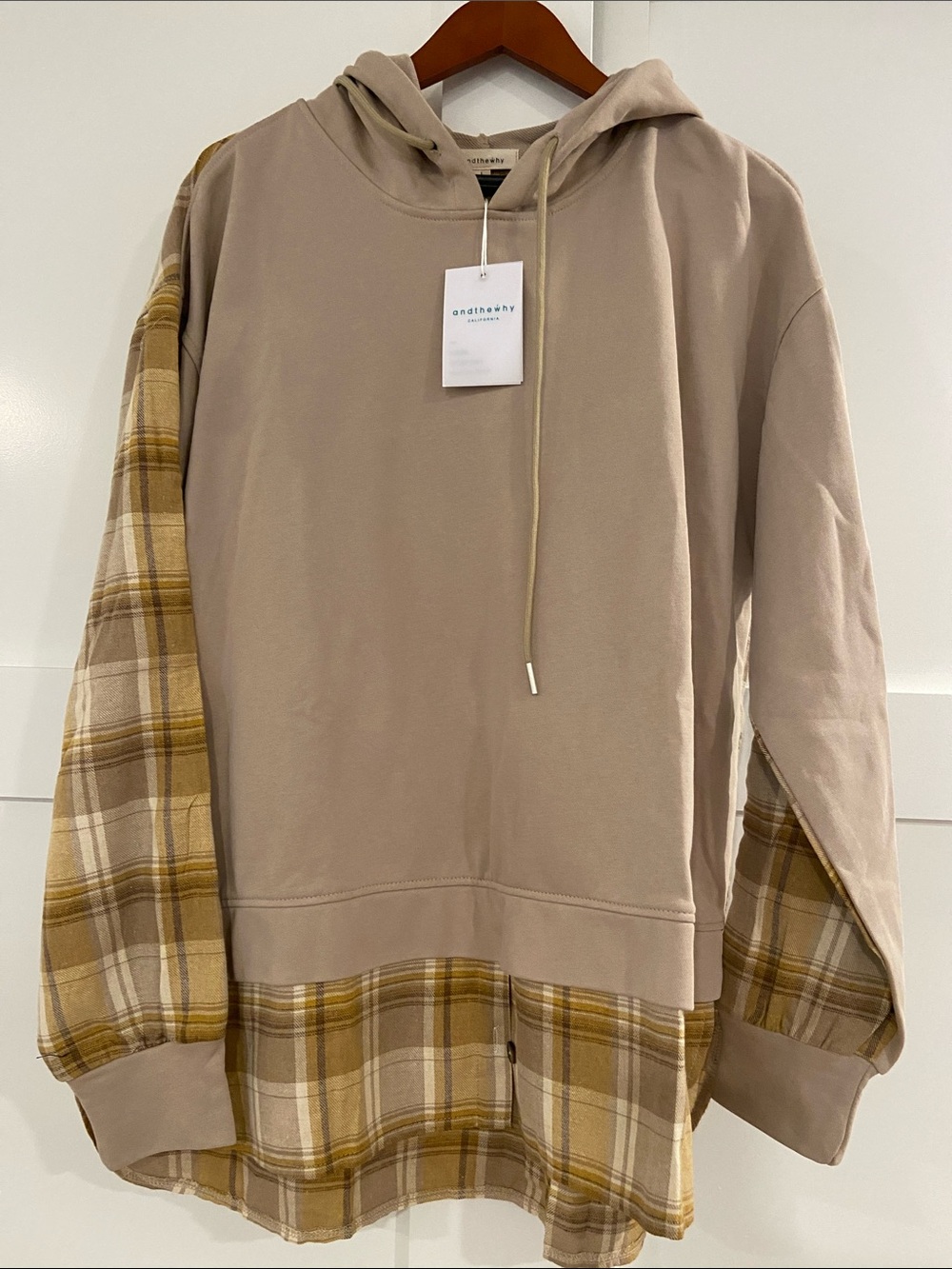 Men’s Taupe Crewneck Hoodie with Mustard Plaid Trim